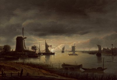 Flusslandschaft mit Windmühle und Booten, Abend von Anthonie van Borssom