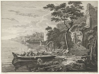 Figuren bei einem Boot in einer Berglandschaft von Anthonij van der Haer