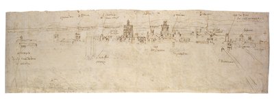 Rechte Seite: Skizze der Lagune von Valencia, la Albufera und angrenzende Küste und Landschaft Rückseite: Skizzen mehrerer Gebäude in Valencia von Anthonis van den Wyngaerde
