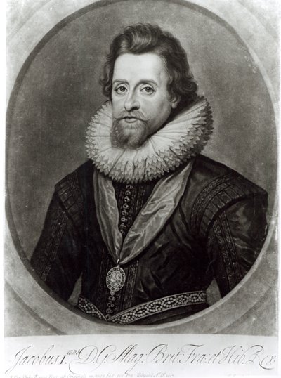 Porträt von James I (1566-1625) nach einer Miniatur von Nicholas Hilliard (1547-1619) von 1617, graviert von George Vertue von Anthony van Dyck