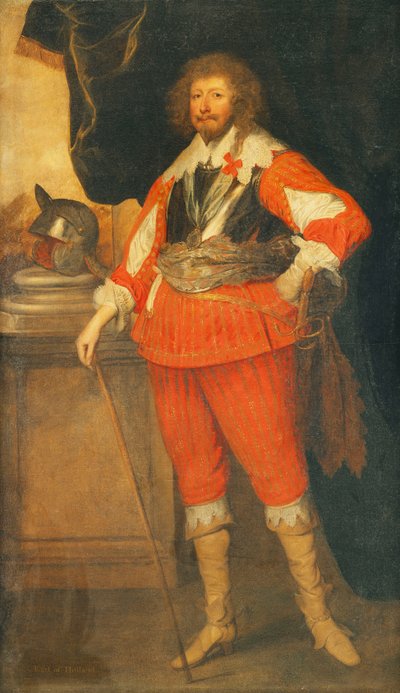 Porträt eines Adligen, angeblich Henry Rich, 1. Earl of Holland, in voller Länge, mit Brustpanzer, Schärpe und Schwert, seine Hand auf einem Stock ruhend, ein Helm auf einem Sockel, vor einer drapierten Kolonnade stehend von Anthony van Dyck