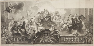 Entwurf des Mittelpaneels der Decke der Großen Galerie des Palais Royal, graviert von Nicolas Henri Tardieu (1674-1749) von Antoine (after) Coypel