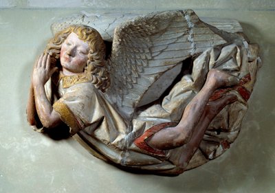 Fliegender Engel. Relief in polychromem Kalkstein, zugeschrieben Antoine le Moiturier (1490 ca.) von Antoine (attr. to) Le Moiturier