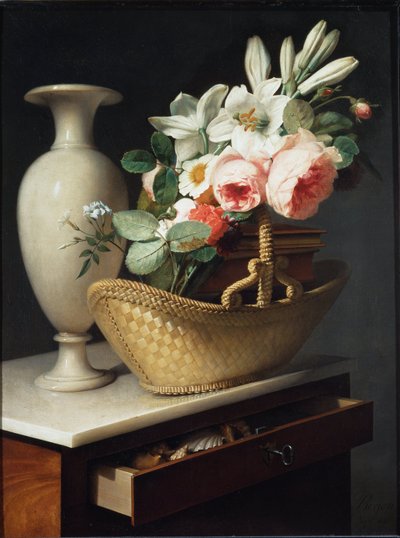 Blumenstrauß aus Lilien und Rosen in einem Korb auf einem Tuch von Antoine Berjon
