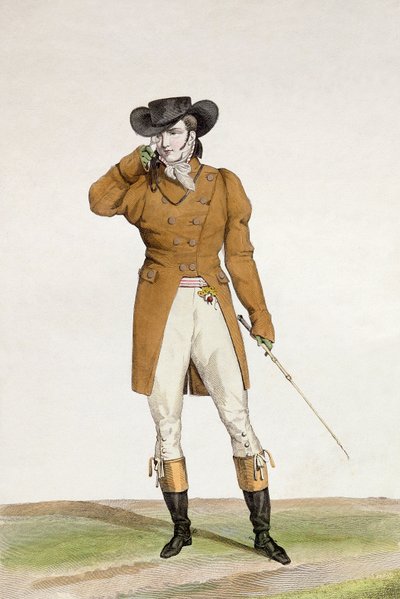 Ein Dandy in einem bootförmigen Hut, einer dunfarbenen Jacke und Reithosen, Platte 1 aus der Serie 