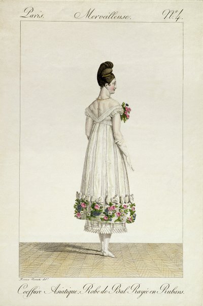 Eine Dame mit asiatischer Frisur in einem Ballkleid mit Bändern, Platte 4 aus der 