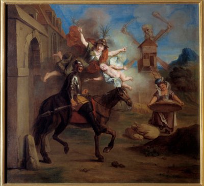 Don Quijote, getrieben von Wahnsinn, verlässt sein Haus, um ein wandernder Ritter zu werden. „Der sinnreiche Junker Don Quijote von der Mancha“ von Miguel de Cervantes Saavedra (1547-1616). Gemälde von Charles Antoine Coypel (1694-1752), um 1716 von Antoine Coypel