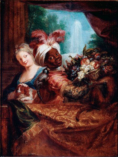 Junges Mädchen streichelt einen Hund und ein schwarzer Diener präsentiert einen Korb mit Früchten. Ein kleiner Affe liegt auf ihrer Schulter. Gemälde von Antoine Coypel (1661-1722) von Antoine Coypel