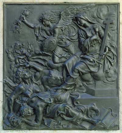 Der Engel Frankreichs vertreibt die Ketzer, Detail vom Sockel einer Statue von Ludwig XIV., ca. 1687 von Antoine Coysevox