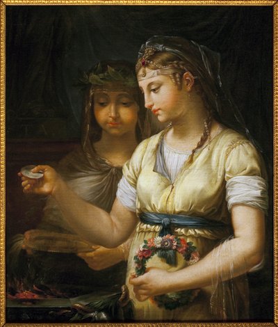 Zwei Vestalinnen bereiten ein Opfer vor. Gemälde von Antoine François (Antoine-François) Callet (1741-1823), Öl auf Leinwand von Antoine François Callet