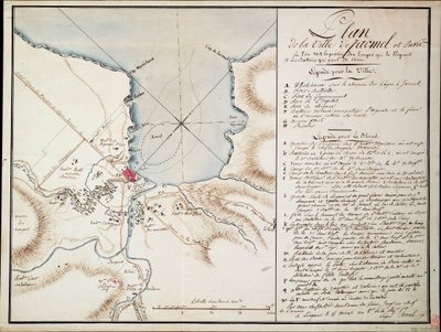 Umgebung von Jacmel, zur Anzeige der Linien und Positionen während der Blockade und der errichteten Batterien zur Verteidigung der Belagerten von Antoine François Sorrel des Rivieres