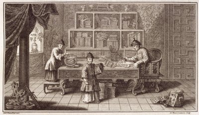 Ein chinesischer Kalligrafieladen, aus einem Bericht über die niederländische Botschaft in China, graviert von A. Maisonneuve, ca. 1670er Jahre von Antoine Humblot