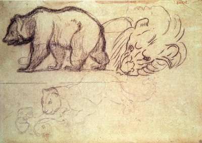 Ein Bär im Gehen, der Kopf eines Löwen und ein Leopard, der ein Tier angreift von Antoine Louis Barye