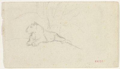 Löwin, die in der Nähe eines Baumes liegt von Antoine Louis Barye