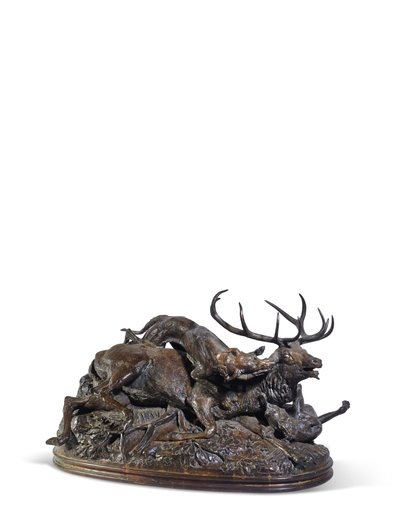 Zehnender Hirsch, von zwei schottischen Windhunden zu Boden gebracht, ca. 1840 von Antoine Louis Barye