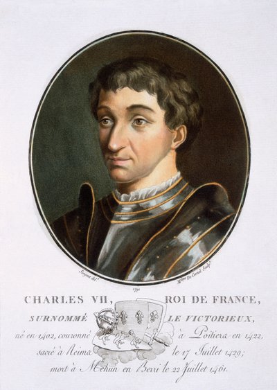 Karl VII., aus Portraits des grands hommes, femmes illustres, et sujets mémorables de France, graviert und in Farben gedruckt, veröffentlicht von Pierre Blin, 1786-92, Paris von Antoine Louis Francois Sergent Marceau