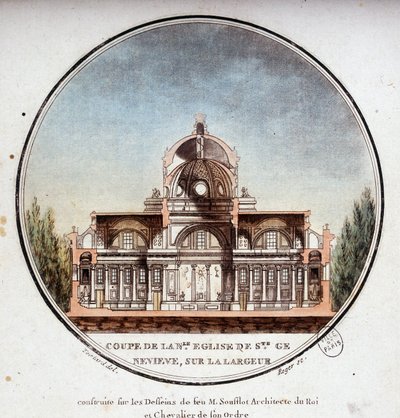 Querschnitt der neuen Kirche Sainte Geneviève, gebaut nach den Zeichnungen des Architekten Soufflot, Paris. In malerischen Ansichten der Hauptgebäude von Paris von Sergeant von Antoine Louis Francois Sergent Marceau