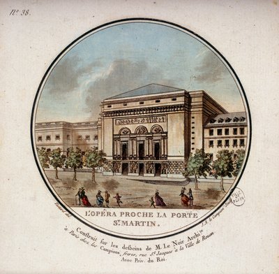 Die Oper, gebaut nach den Zeichnungen des Architekten Le Noir in der Nähe der Porte Saint Martin in Paris, heute das Theater der Porte Saint Martin. In malerische Ansichten der Hauptgebäude von Paris von Sergeant von Antoine Louis Francois Sergent Marceau