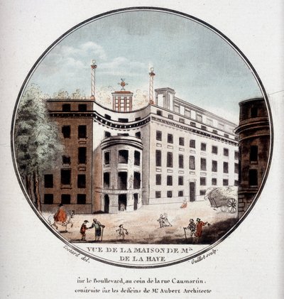 Ansicht des Hauses von Monsieur de La Haye an der Ecke der Rue Caumartin, Paris, gebaut nach Zeichnungen des Architekten Aubert. In pittoresken Ansichten der Hauptgebäude von Paris von Sergeant von Antoine Louis Francois Sergent Marceau