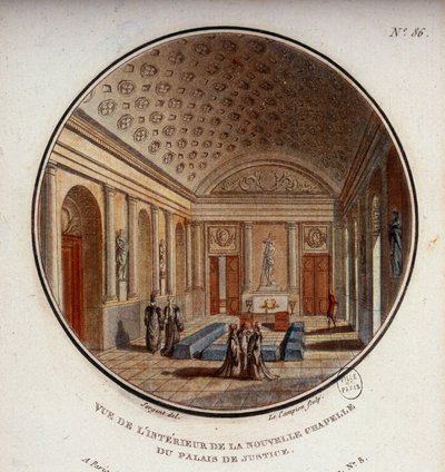 Ansicht des Inneren der neuen Kapelle des Gerichtsgebäudes, jetzt Sainte Chapelle, Paris. In malerische Ansichten der Hauptgebäude von Paris von Sergeant von Antoine Louis Francois Sergent Marceau