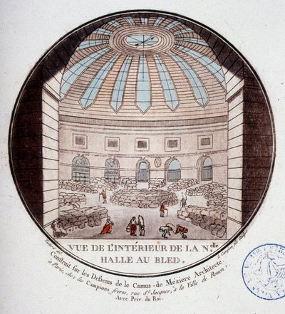 Ansicht des Inneren der neuen Markthalle, gebaut von Le Camus de Mézières zwischen 1763 und 1766, heute die Börse in Paris. In malerischen Ansichten der Hauptgebäude von Paris von Sergeant von Antoine Louis Francois Sergent Marceau