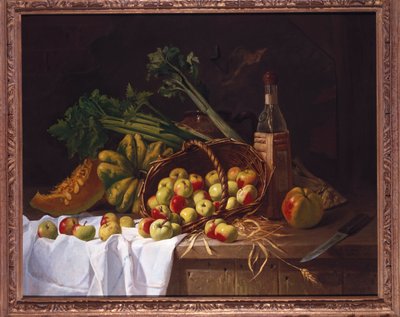 Stillleben mit einer Flasche Wein, Rhabarber und einem umgestürzten Korb mit Äpfeln auf einem Tisch von Antoine Vollon