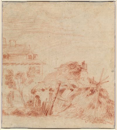 Ansicht eines Hauses, einer Hütte und zwei Figuren [verso] von Antoine Watteau