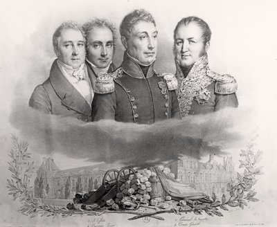 Die provisorische Regierung vom 29. Juli 1830. V.l.n.r.: Jacques Lafitte, Casimir Perier, General Lafayette und Comte Etienne Maurice Gerard, 1831 von Antoine Maurin