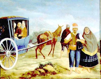 Adlige in einer maltesischen Kaless mit den Wappen des Meisters de Rohan, vorbei an maltesischen Bauern am Straßenrand von Antoine de (circle of) Favray
