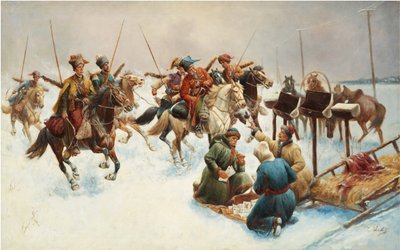 Winterlandschaft mit Kosaken (Postverteilung) von Anton Baumgartner Stoiloff