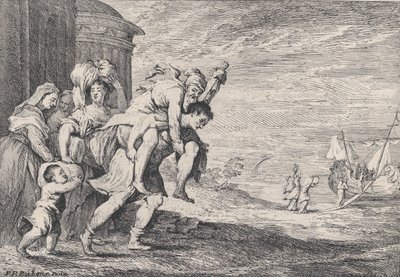 Aeneas flieht aus Troja, mit einer Gruppe von sechs Figuren, die die Stadt links verlassen, Aeneas trägt..., 1728 von Anton Joseph von Prenner