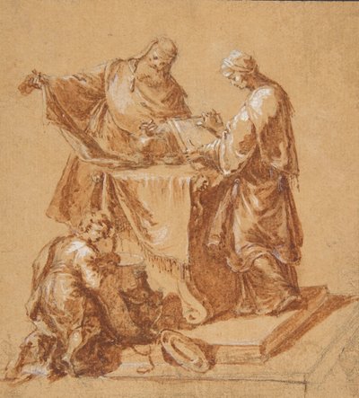 Ein Hohepriester, die Prophetin Anna und ein kniender Junge um einen Tisch, 1745 von Anton Kern