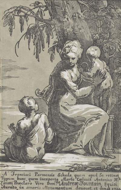 Eine Frau steht am Fuße eines Baumes und hält ein Kleinkind, mit einem sitzenden Jungen von Anton Maria Zanetti