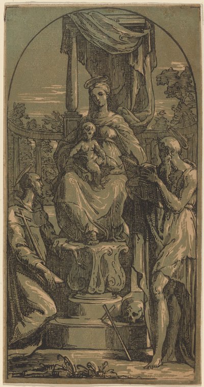 Madonna und Kind auf dem Thron, Heiliger Hieronymus und Heiliger Franziskus von Anton Maria Zanetti I, after Parmigianino