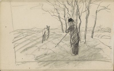 Stehender Mann mit einem Stock und einem Tier auf einem gepflügten Feld von Anton Mauve