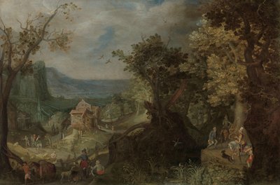 Jäger und Reiter auf einer bewaldeten Straße, mit einem Dorf in einem Tal dahinter von Anton Mirou