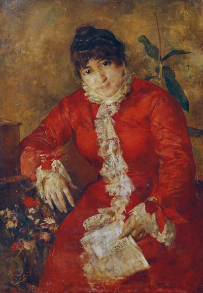 Frau im scharlachroten Kleid mit Zeitungsblatt und Ficus von Anton Romako