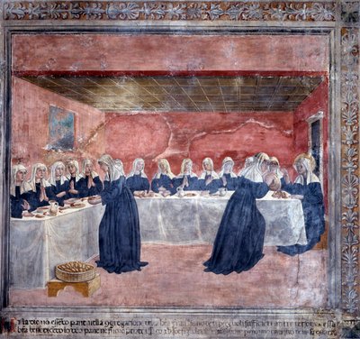Leben der heiligen Francesca Romana: Eines Tages gab es nicht genug Brot für die Gemeinschaft, Francesca sammelte die Reste, segnete sie, und es gab genug, um die fünfzehn Verbliebenen zu ernähren von Antoniazzo Romano