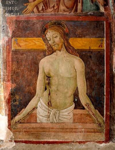 Pieta Der Heiligenschein von Jesus Christus ist mit einem Kreuz markiert. Detail eines Freskos von Antonio Aquili genannt Antoniazzo Romano (aktiv um 1461-1508) 15. Jahrhundert Kloster von Saint Benoit (Sacro Speco), Subiaco (Rom), Italien von Antoniazzo Romano