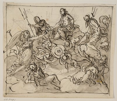 Allegorische Komposition mit Venedig umgeben von zwei Meeresgöttern, Ruhm und anderen Figuren von Antonio Aliense