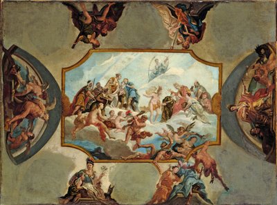 Ehrerbietung gegenüber Johann Wilhelm, Kurfürst von der Pfalz. Entwurf für ein Deckenbild für Schloss Bensberg von Antonio Bellucci