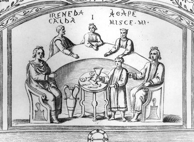 Bankettszene aus einem frühchristlichen Katakombenfresko in Rom, Illustration aus 