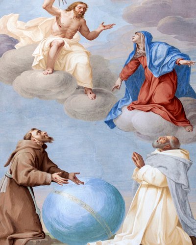 Heiliger Franziskus, Heiliger Damian und Maria, die für die Menschheit Fürsprache einlegen und die göttliche Gerechtigkeit davon überzeugen, ihre Pfeile nicht auf die Welt zu schießen, Fresko von Antonio Busca (1625-1684), 20. Kapelle, Heiliger Franziskus  von Antonio Busca