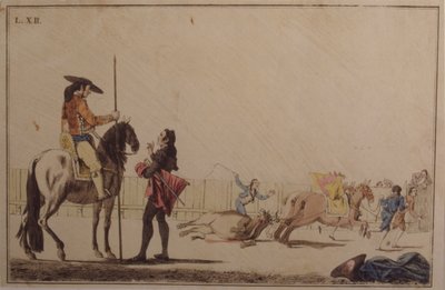 Picador reitet und zieht den Stier von Antonio Carnicero