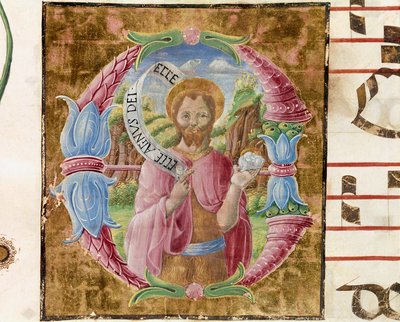 Johannes der Täufer Lettrine, illuminiert von Antonio Cicognari. Detail eines Antiphonars. 1483. Cremone, choral 4, capitolo del duomo von Antonio Cicognara