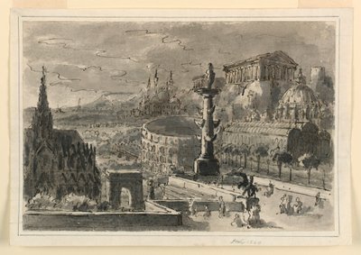 Bühnenbild, Ansammlung verschiedener Gebäude von Antonio Giuseppe Basoli