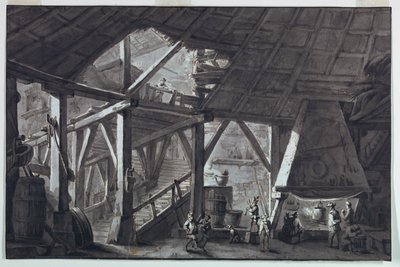 Bühnenbild, Innenraum eines zerstörten Bauernhauses von Antonio Giuseppe Basoli