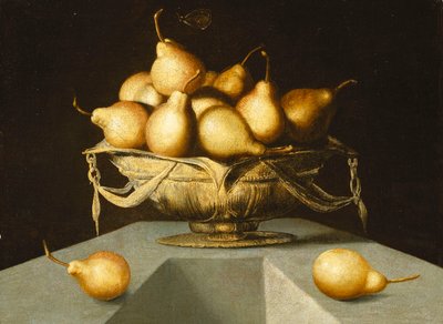 Birnen in einer Schale auf einem steinernen Sockel von Antonio Mohedano