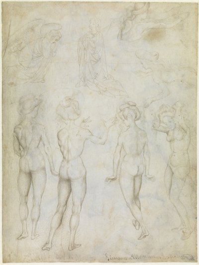 Vier Studien eines weiblichen Aktes, eine Verkündigung und zwei Studien einer schwimmenden Frau, um 1425 von Antonio Pisanello