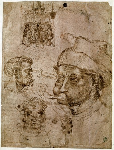 Vier Männerköpfe, zwei davon mit drei Gesichtern. Ein Altarbild. Ein Pferd. Zeichnungen aus der Werkstatt von Antonio di Puccio Pisano, genannt Pisanello (1395-1455). Braune Tinte, Feder (Zeichnung), Blut. Dim: 27,1x20,5cm. Louvre, Kabinett der Medaillen von Antonio Pisanello